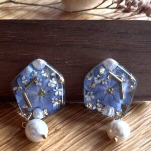 Boucles d'oreilles Fleurs pressées hortensia et ammi majus