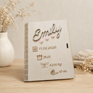 Boîte cadeau de naissance en bois – Forme livre