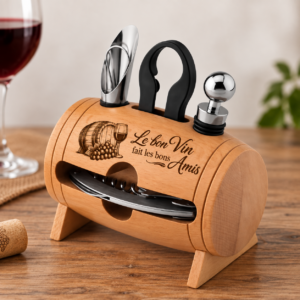 Set à vin petit tonneau avec 4 accessoires –  13  x 14 x 8 cm